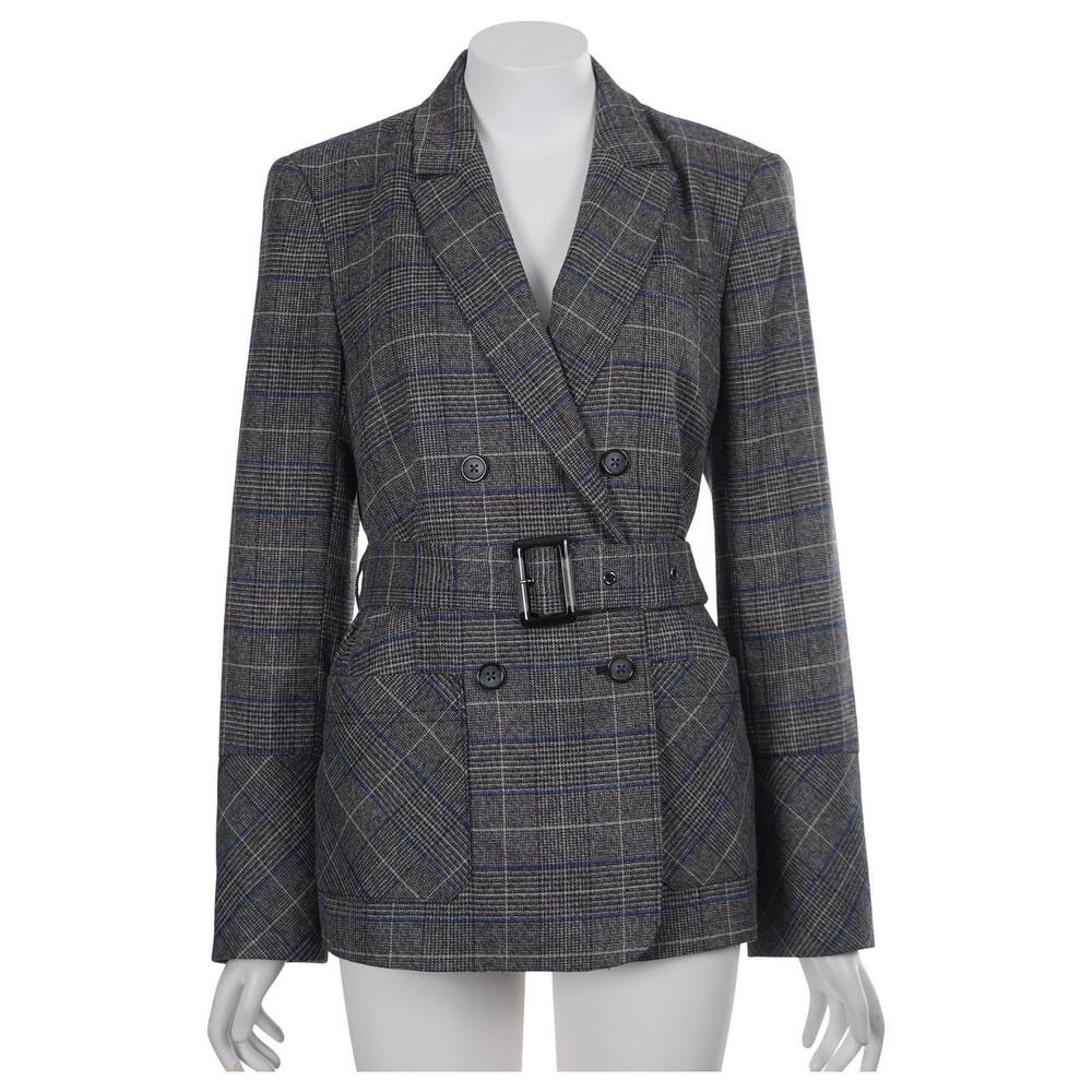 LAUNDRY BY SHELLI SEGAL Blazer M Gray Glen Plaid Double Breasted Belt Pockets